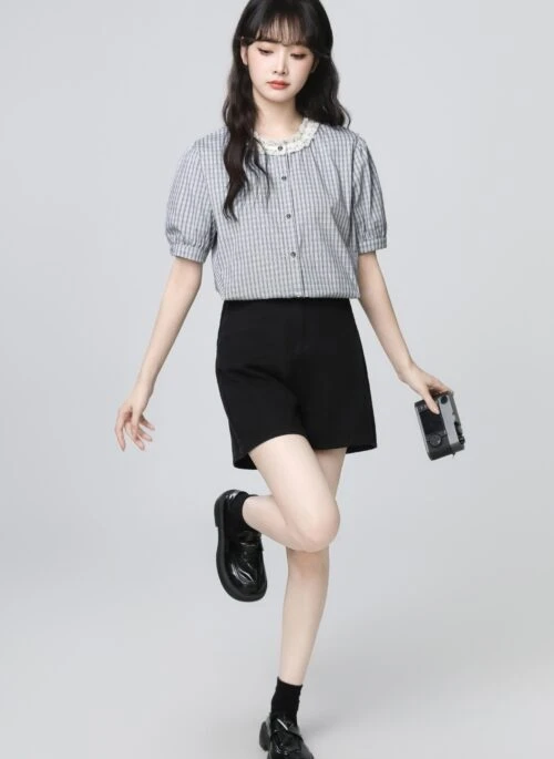 Plaid Puff Sleeve Ruffle Collar Short Sleeve Shirt