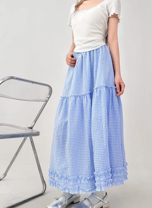 Plaid Ruffle Hem High Waist Midi Skirt