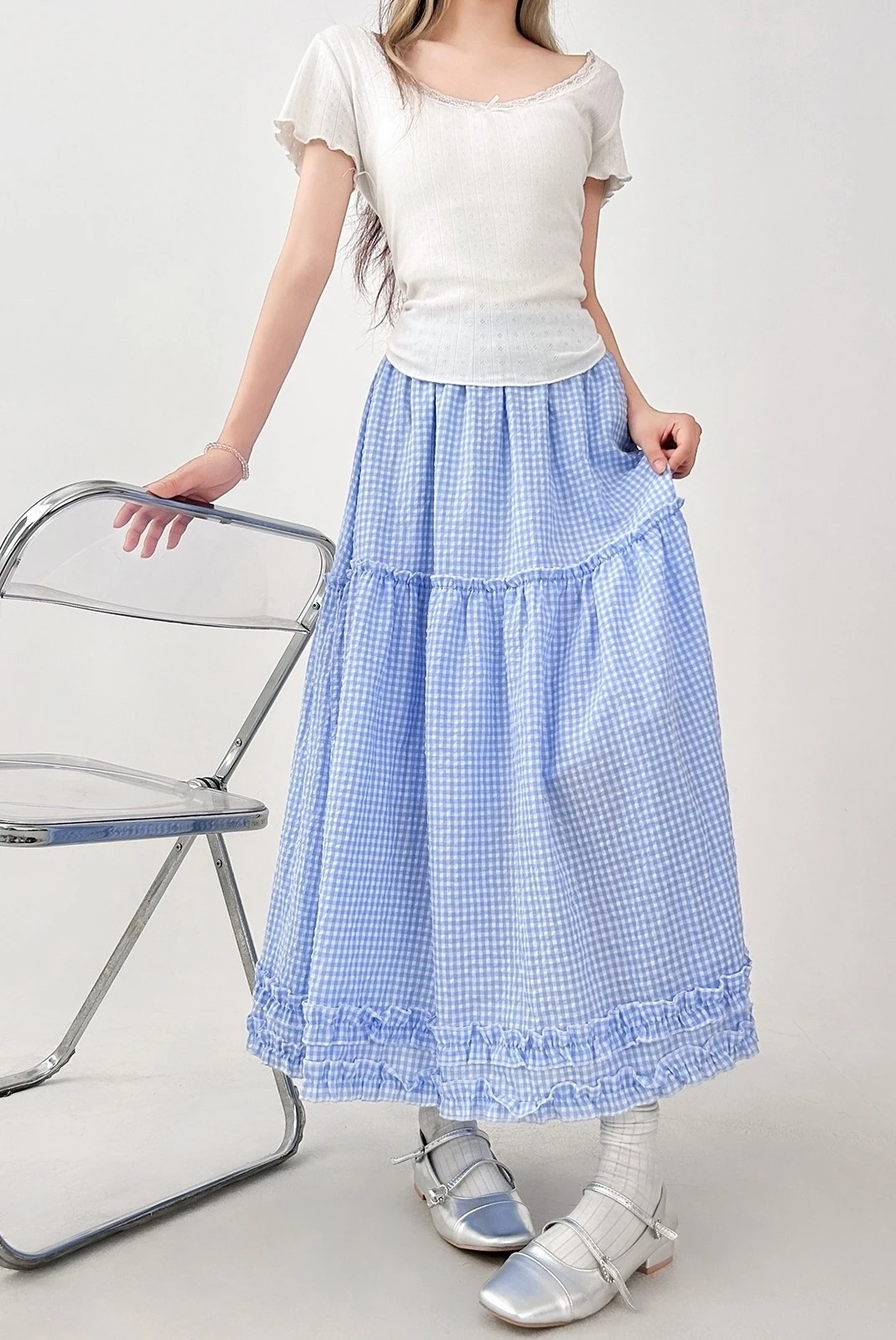 Windowpane Checked Volume Skirt