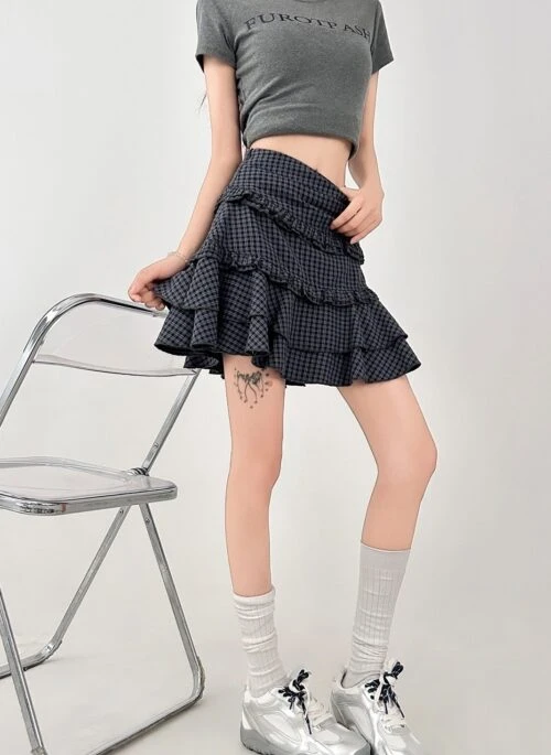 Plaid Ruffle Hem High Waist Skirt