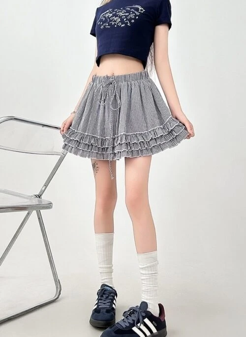 Plaid Ruffle Tiered High Waist Skater Skirt