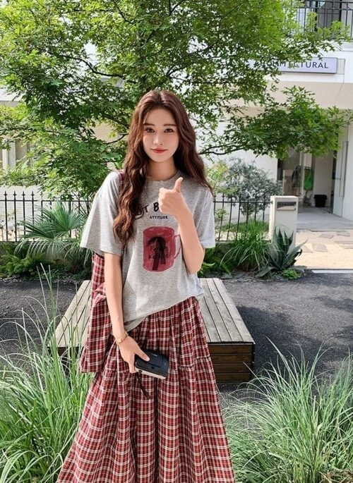 Plaid Skirt And Graphic Tee Set Summer Style