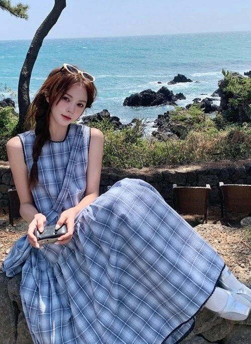 Plaid Sweet Style Summer Long Dress