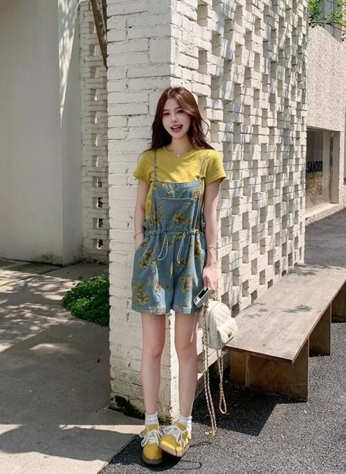 Playful Denim Overalls T Shirt Two Piece Set