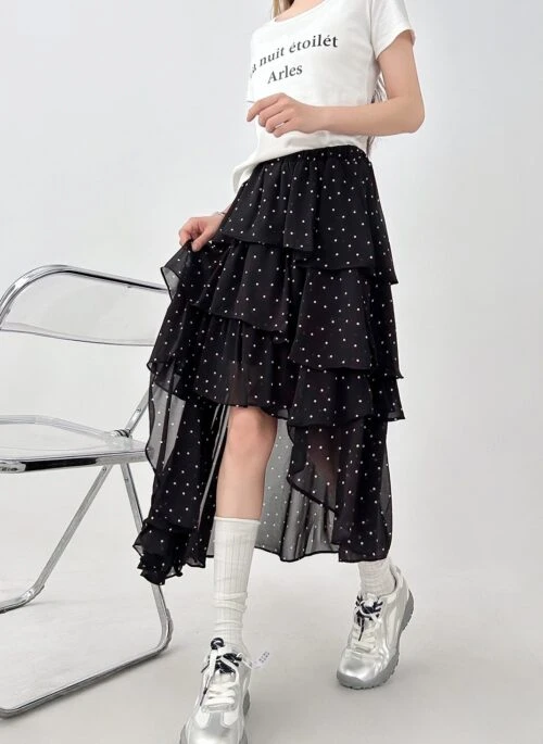 Polka Dot High Waist Mesh Midi Skirt