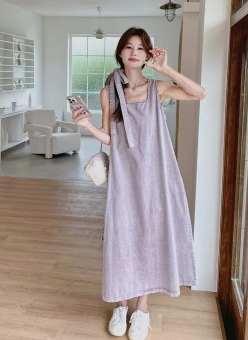 Purple Denim Sleeveless Maxi Dress Elegant Summer Style