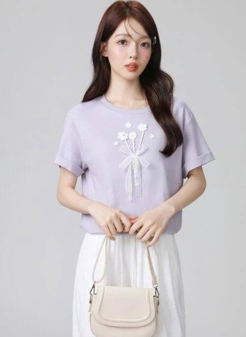 Purple Lace Floral Short Sleeve Loose Top