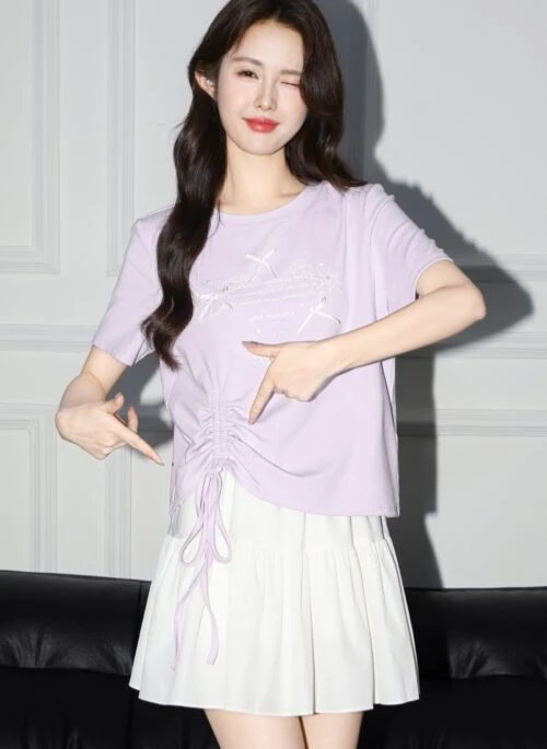 Purple Ruched Bow Short Sleeve Drawstring Top