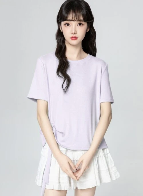 Purple Ruched Drawstring Irregular Hem Short Sleeve Top
