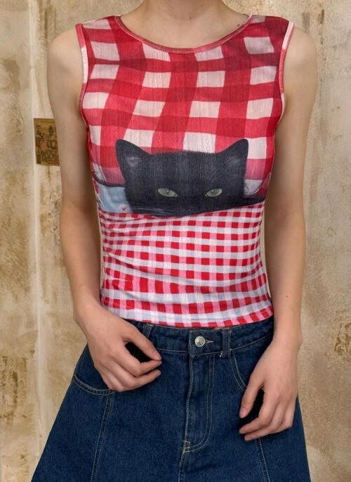 Red Plaid Cat Tank Top | Ningning – Aespa