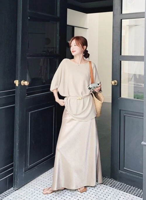 Relaxed Fit Elegant Short Sleeve Top And Skirt Set