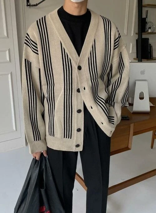 Relaxed Striped Knit Cardigan Sweater