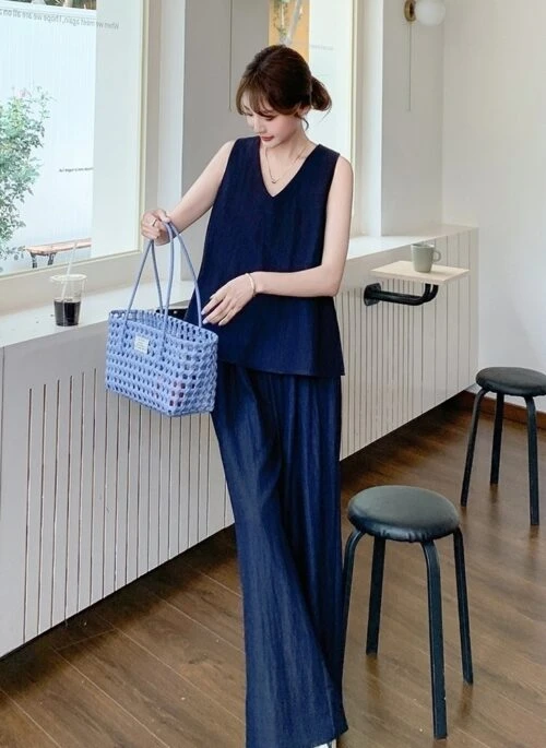 Retro Sleeveless Top And Wide Leg Pants Set