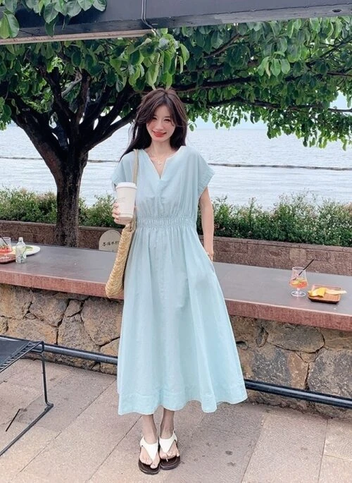 Romantic Blue French Style Vacation Maxi Dress