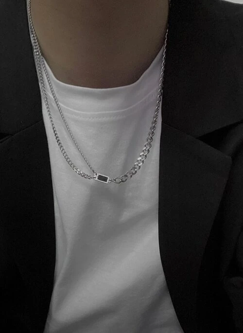 Silver Double Chain Black Charm Necklace | Changbin - Stray Kids