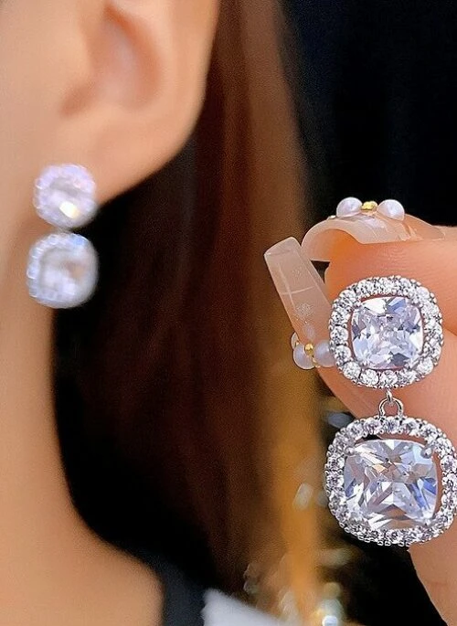 Silver Double Square Crystal Dangling Earrings | Julie – Kiss Of Life