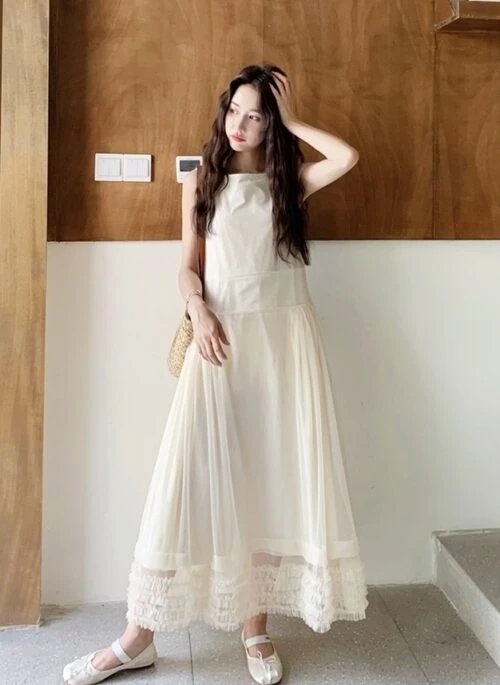 Sleeveless Ruffle Mesh Patchwork Casual Long Dress