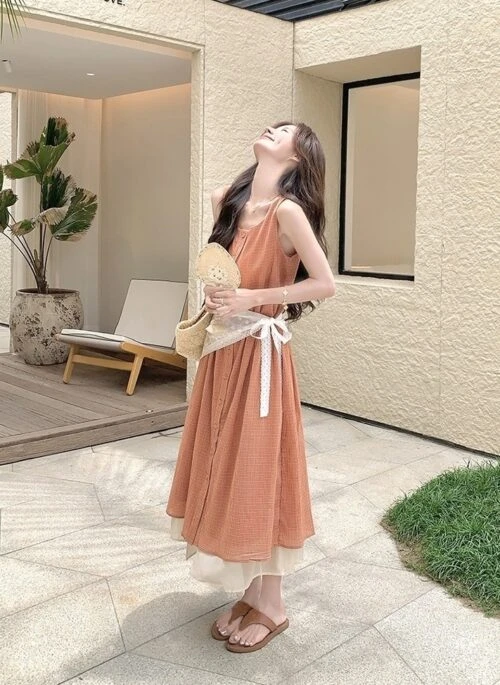 Soft Pink Plaid Sleeveless Dress Summer Style