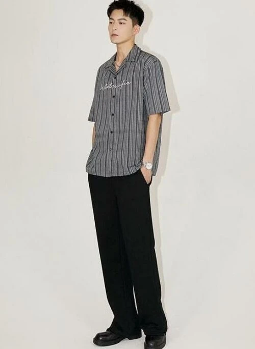 Striped Cuban Collar Embroidered Shirt