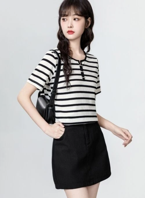 Striped Short Sleeve Colorblock Crewneck Casual Tee