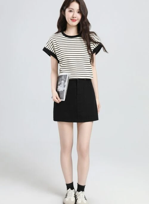 Striped Short Sleeve Contrast Ruffle T Shirt Top
