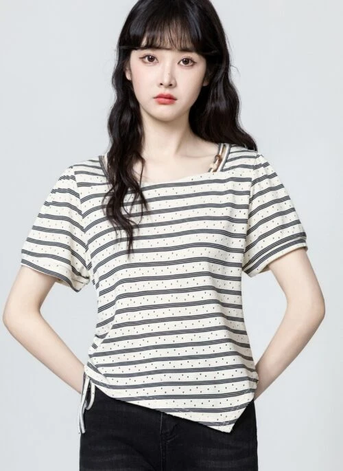 Striped Square Neck Puff Sleeve Drawstring Top