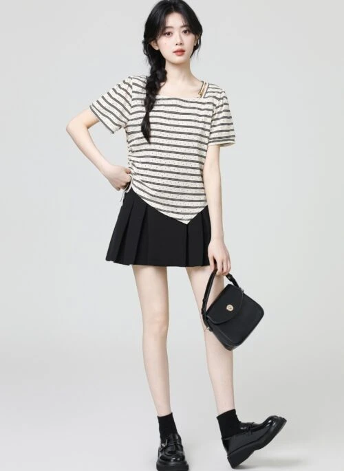 Striped Square Neck Ruched Short Sleeve Slim Top