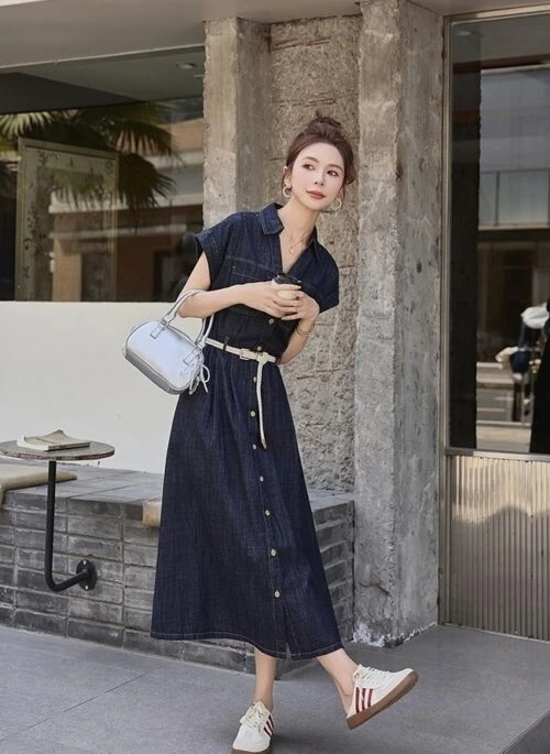 Stylish Slim Denim Blue Waist Dress