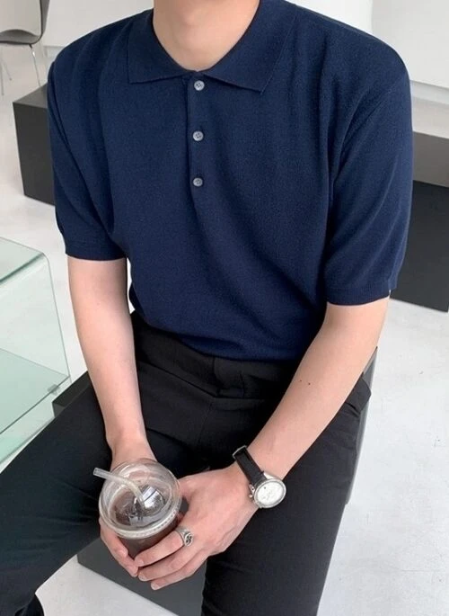 Summer Knit Polo Shirt With Ice Silk Collar