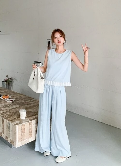 Sweet Blue Ruffle Trim Tank And Wideleg Pants Set
