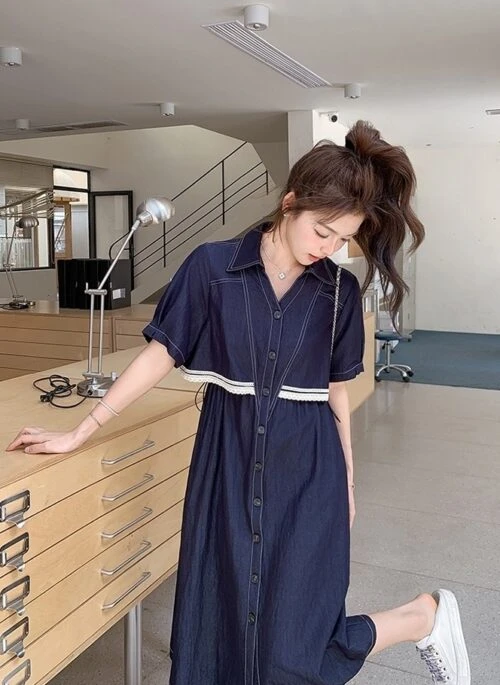 Sweet Denim Patchwork Casual Maxi Dress