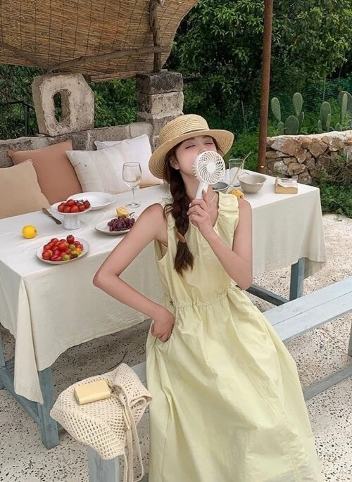 Sweet Yellow Casual French Style Long Dress