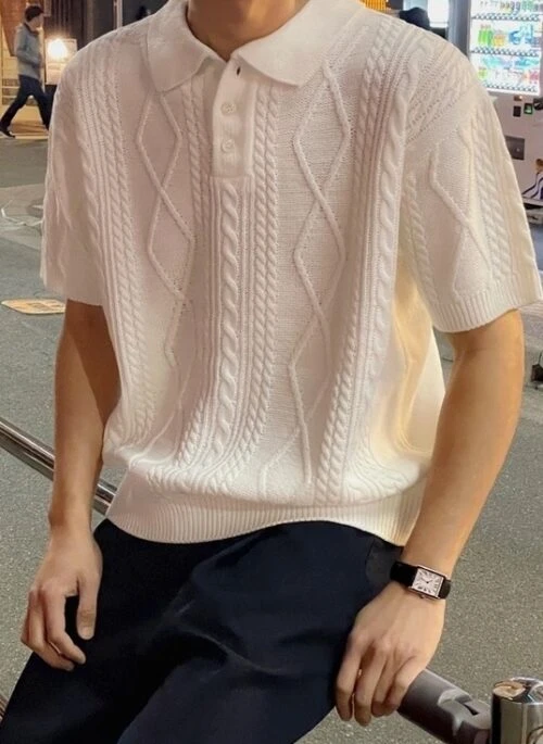 Textured Knit Polo Shirt Short Sleeve Sweater