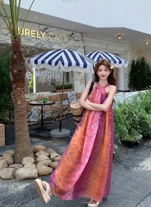 Tie Dye Halter Neck Casual Vacation Maxi Dress