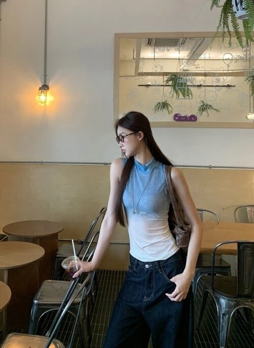 Trendy Blue Sleeveless Vest Unique Summer Top