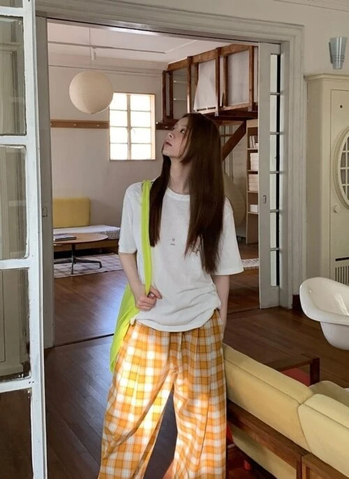 Trendy Plaid Wide Leg Casual Orange Pants