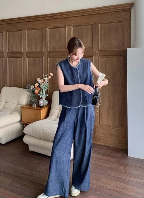 Unique Tassel Denim Vest And Wide Leg Pants Set