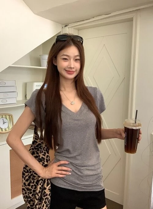 V Neck Grey Short Sleeve Summer Top