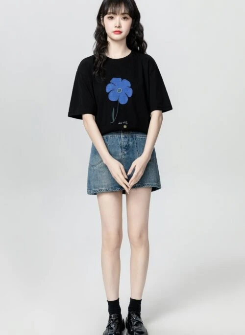 Vintage Black Floral Short Sleeve Casual T Shirt
