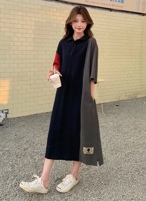 Vintage Colorblock Polo Neck Casual T Shirt Dress
