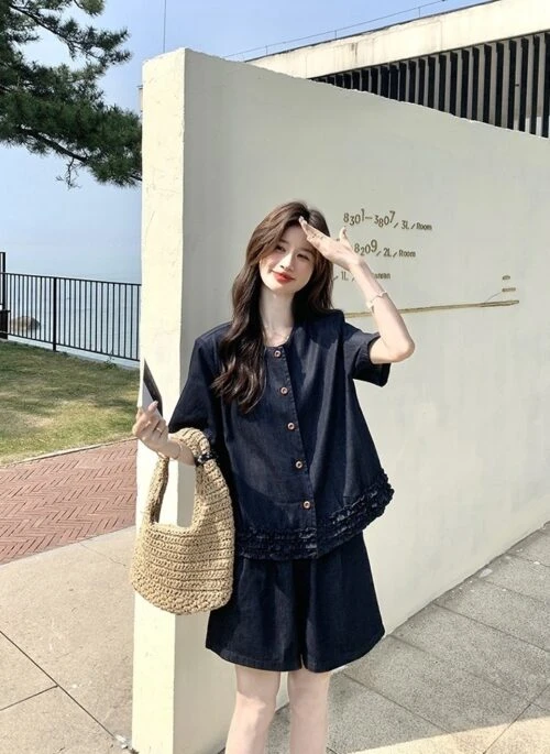 Vintage Deep Blue Ruffled Vest And Skirt Set
