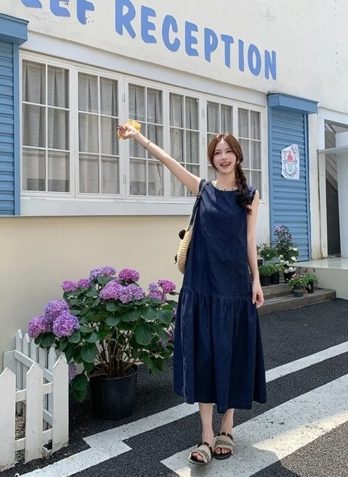 Vintage Denim Long Dress Romantic Sweet Style