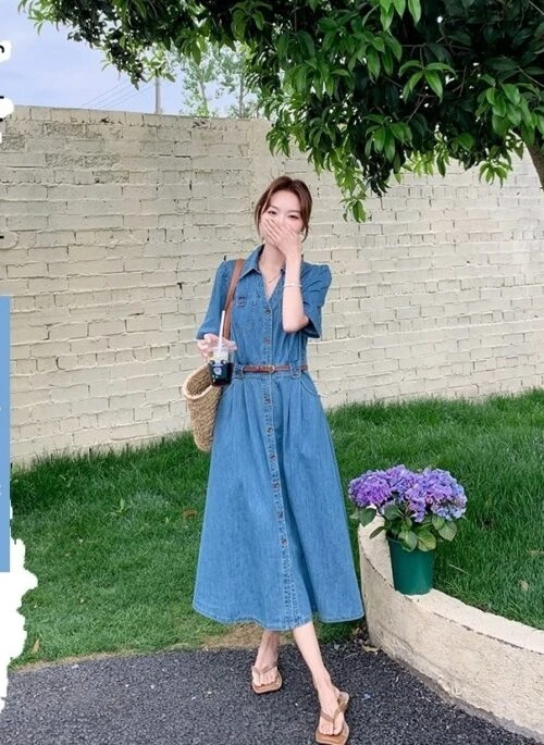Vintage Denim Shirt Dress Elegant Waist Slim Summer