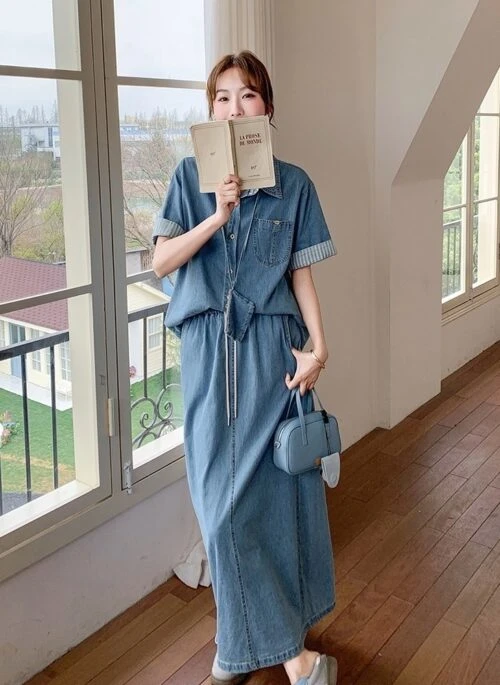 Vintage Denim Short Sleeve Top And Skirt Set