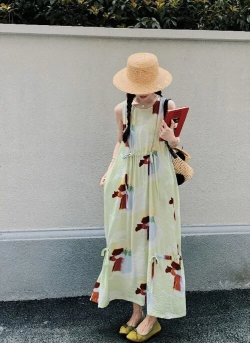 Vintage Floral Drawstring Waist Maxi Dress