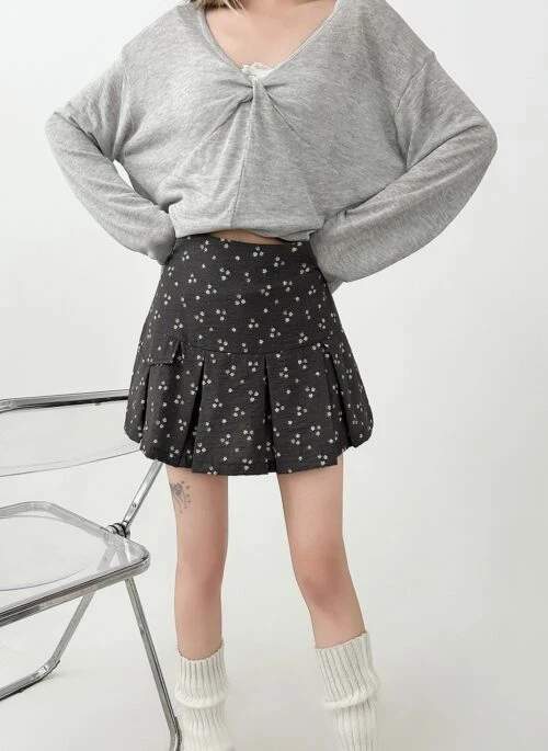 Vintage Grey Floral Pleated High Waist Skirt
