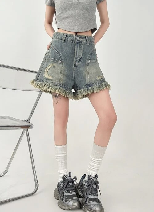 Vintage High Waist Fringe Denim Shorts