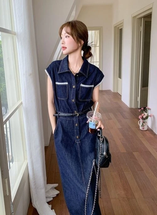 Vintage Lace Denim Shirt Dress With Waist Detail