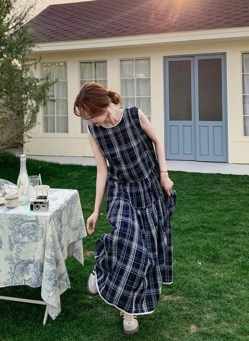 Vintage Plaid Sleeveless Dress Retro Chic Style