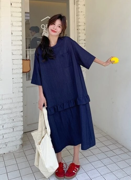 Vintage Ruffled Denim Blue Layered Vacation Dress